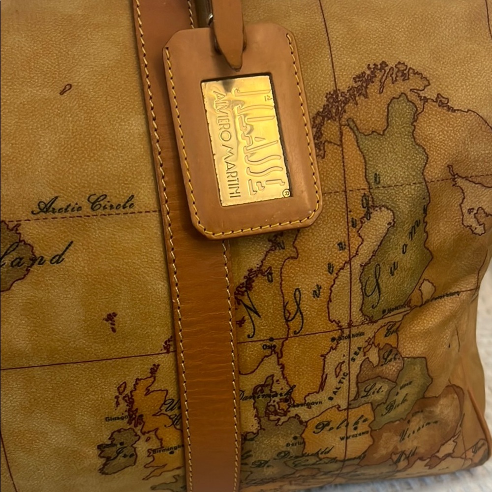 Prima Classe Vintage Map Print Brown Leather Duffel Bag - Picture 6 of 12